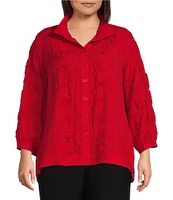 John Mark Plus Size Woven Wire Collar 3/4 Sleeve Embroidery Pop Up Floral Detail Button-Front Blouse