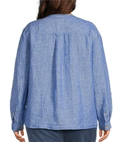 John Mark Plus Size Woven Y-Neck Long Roll-Tab Sleeve Tie-Front Button Front Top
