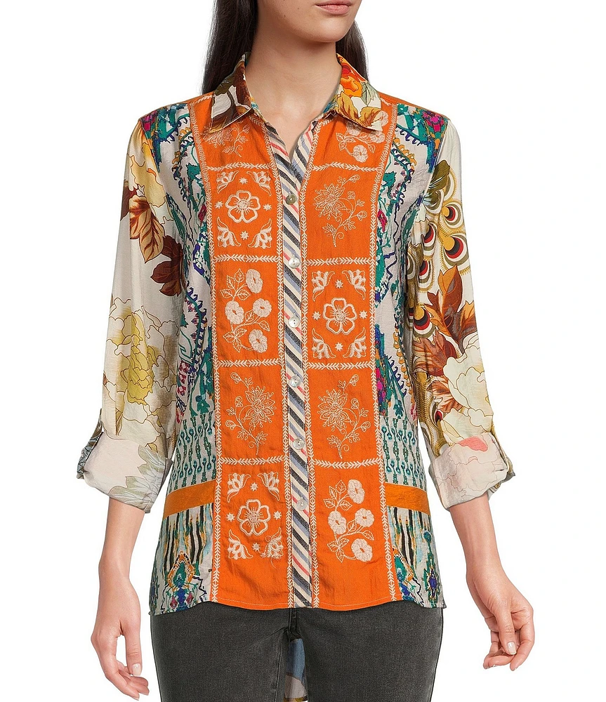 John Mark Point Collar Button Front Long Roll-Tab Sleeve Embroidered Panel Multi Print Tunic