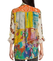 John Mark Point Collar Button Front Long Roll-Tab Sleeve Embroidered Panel Multi Print Tunic