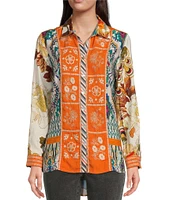 John Mark Point Collar Button Front Long Roll-Tab Sleeve Embroidered Panel Multi Print Tunic