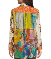 John Mark Point Collar Button Front Long Roll-Tab Sleeve Embroidered Panel Multi Print Tunic