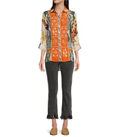 John Mark Point Collar Button Front Long Roll-Tab Sleeve Embroidered Panel Multi Print Tunic