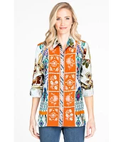 John Mark Point Collar Button Front Long Roll-Tab Sleeve Embroidered Panel Multi Print Tunic