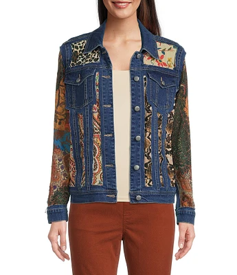 John Mark Point Collar Long Cuff Sleeve Cut-Out Multi Print Patch Denim Jacket