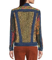 John Mark Point Collar Long Cuff Sleeve Cut-Out Multi Print Patch Denim Jacket