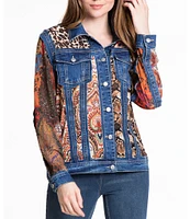 John Mark Point Collar Long Cuff Sleeve Cut-Out Multi Print Patch Denim Jacket