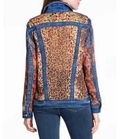 John Mark Point Collar Long Cuff Sleeve Cut-Out Multi Print Patch Denim Jacket