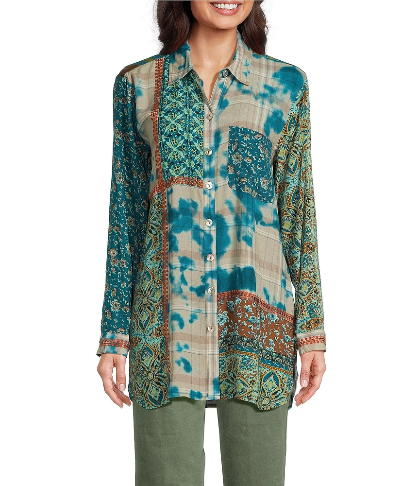 John Mark Printed Collared Long Sleeve Button Down Top