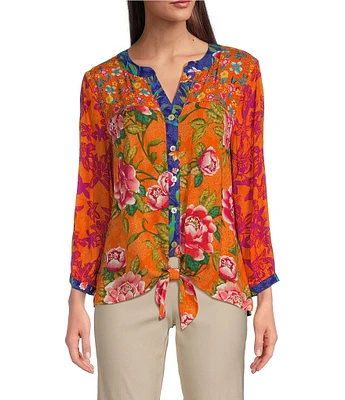 John Mark Printed Split V-Neck 3/4 Sleeve Button Front Blouse