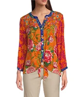 John Mark Printed Split V-Neck 3/4 Sleeve Button Front Blouse
