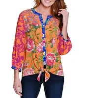 John Mark Printed Split V-Neck 3/4 Sleeve Button Front Blouse