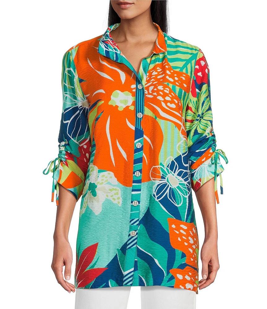 John Mark Printed Wire Collar 3/4 Cinch Tie Sleeve Button Front Tunic
