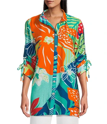 John Mark Printed Wire Collar 3/4 Cinch Tie Sleeve Button Front Tunic