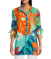 John Mark Printed Wire Collar 3/4 Cinch Tie Sleeve Button Front Tunic