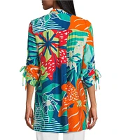 John Mark Printed Wire Collar 3/4 Cinch Tie Sleeve Button Front Tunic