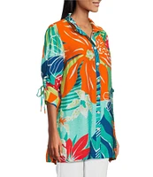 John Mark Printed Wire Collar 3/4 Cinch Tie Sleeve Button Front Tunic