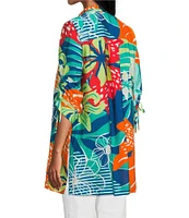John Mark Printed Wire Collar 3/4 Cinch Tie Sleeve Button Front Tunic