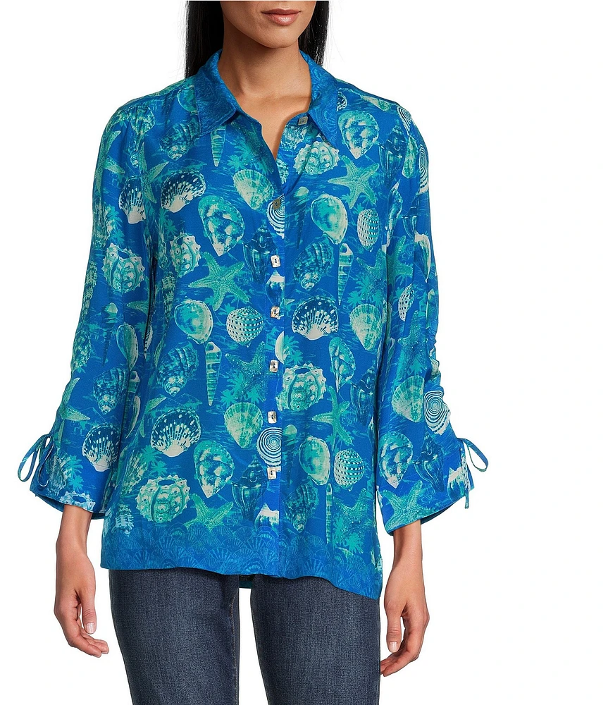 John Mark Seashell Malibu Point Collar 3/4 Sleeve Woven Print Top