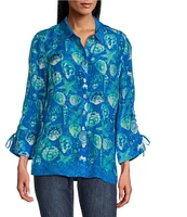 John Mark Seashell Malibu Point Collar 3/4 Sleeve Woven Print Top