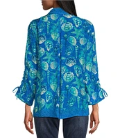 John Mark Seashell Malibu Point Collar 3/4 Sleeve Woven Print Top