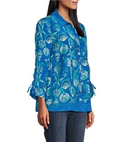 John Mark Seashell Malibu Point Collar 3/4 Sleeve Woven Print Top