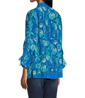 John Mark Seashell Malibu Point Collar 3/4 Sleeve Woven Print Top