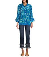 John Mark Seashell Malibu Point Collar 3/4 Sleeve Woven Print Top