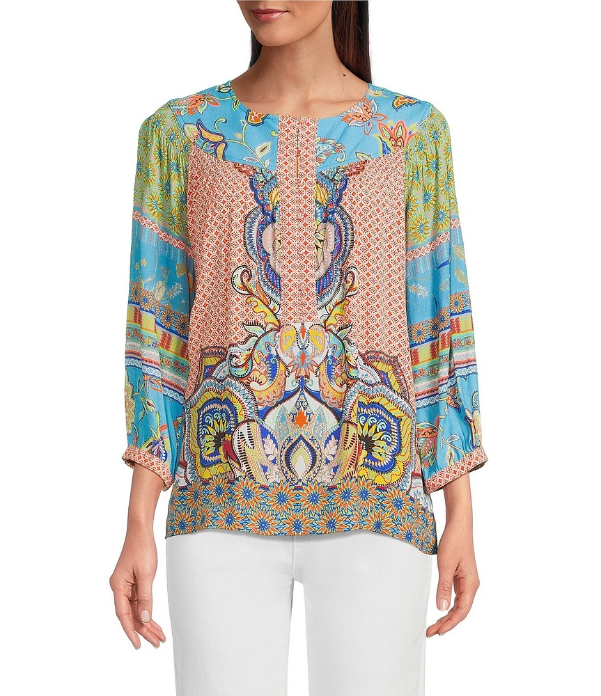 John Mark Shirring Mix Print Scoop Neck 3/4 Sleeve Top