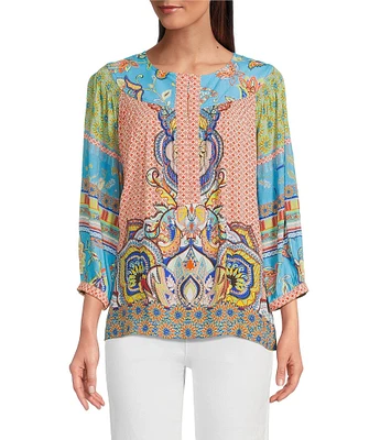 John Mark Shirring Mix Print Scoop Neck 3/4 Sleeve Top