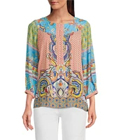 John Mark Shirring Mix Print Scoop Neck 3/4 Sleeve Top