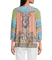 John Mark Shirring Mix Print Scoop Neck 3/4 Sleeve Top