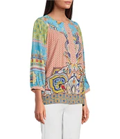 John Mark Shirring Mix Print Scoop Neck 3/4 Sleeve Top