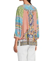 John Mark Shirring Mix Print Scoop Neck 3/4 Sleeve Top