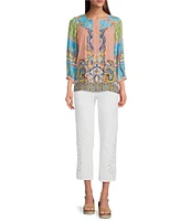 John Mark Shirring Mix Print Scoop Neck 3/4 Sleeve Top