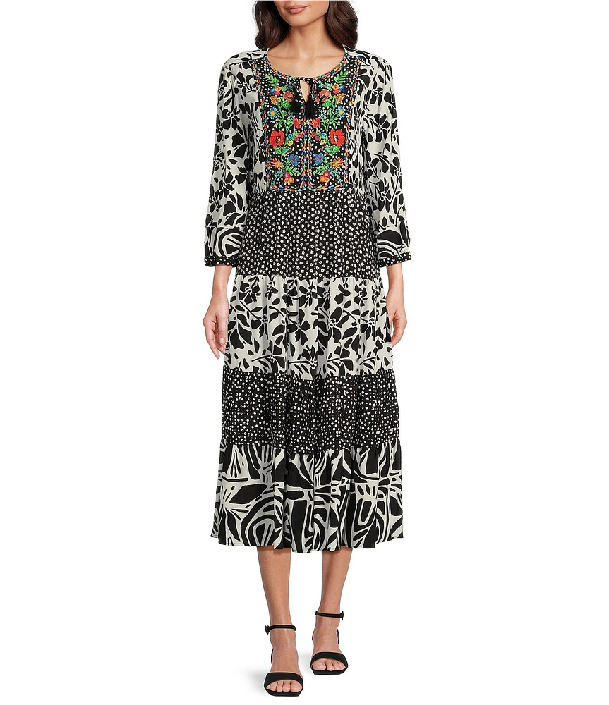 John Mark Split V-Neck 3/4 Sleeves Woven Print Dress
