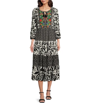 John Mark Split V-Neck 3/4 Sleeves Woven Print Dress
