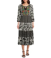 John Mark Split V-Neck 3/4 Sleeves Woven Print Dress