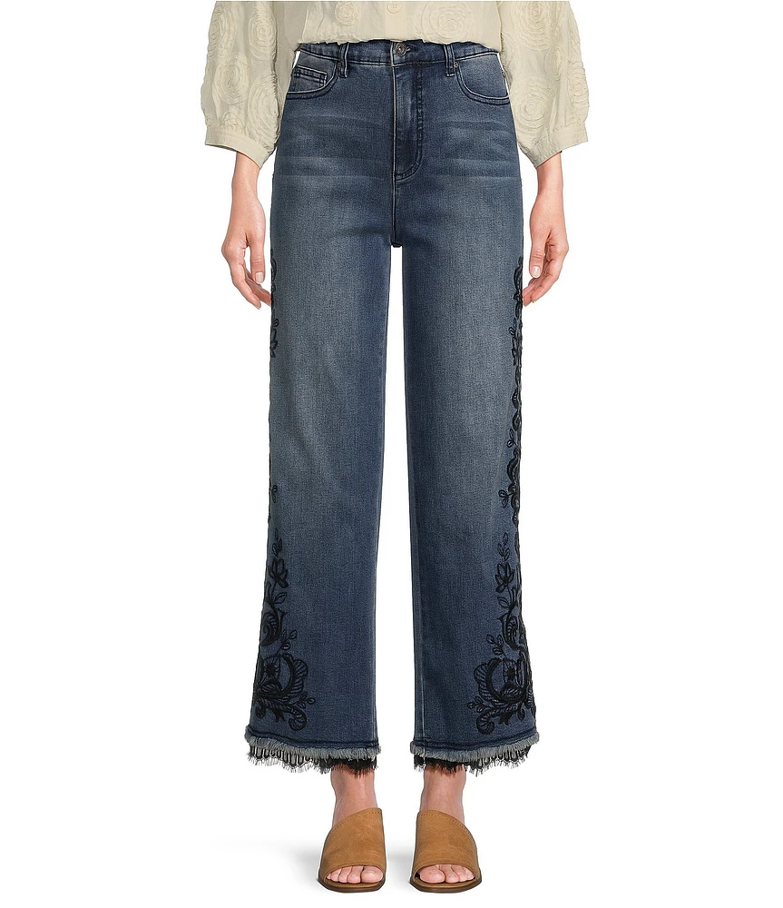 John Mark Stretch-Denim Embroidered Wide Leg Lace Hem Ankle Jean