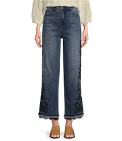 John Mark Stretch-Denim Embroidered Wide Leg Lace Hem Ankle Jean