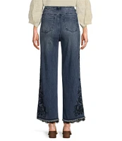 John Mark Stretch-Denim Embroidered Wide Leg Lace Hem Ankle Jean