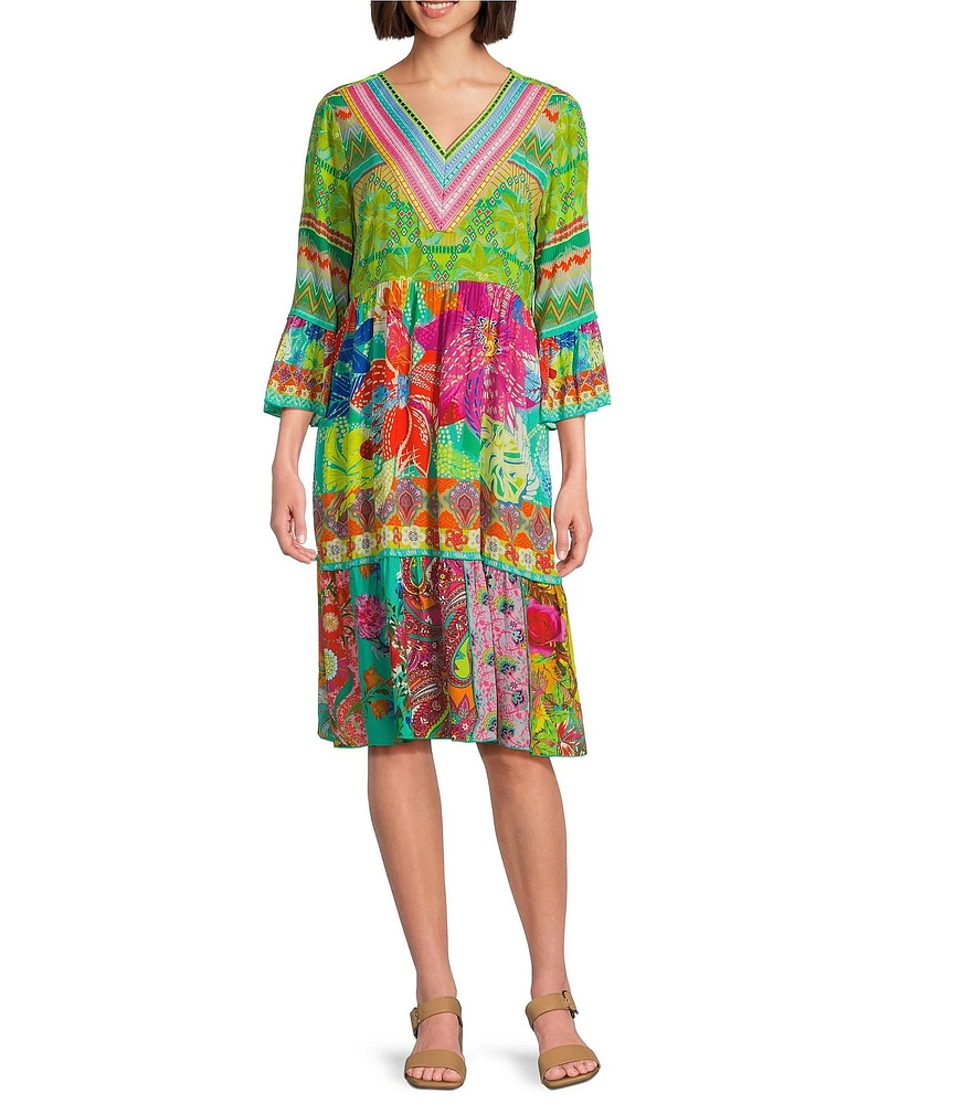 John Mark Tiered Floral Multi Print V-Neck 3/4 Flounce Sleeve A-Line Dress
