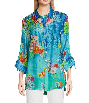 John Mark Tropical Floral Print Point Collar Elbow Cinched Tie Sleeve Button Front Tunic