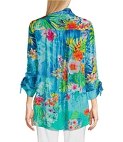 John Mark Tropical Floral Print Point Collar Elbow Cinched Tie Sleeve Button Front Tunic