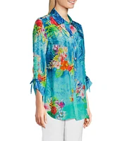 John Mark Tropical Floral Print Point Collar Elbow Cinched Tie Sleeve Button Front Tunic