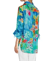 John Mark Tropical Floral Print Point Collar Elbow Cinched Tie Sleeve Button Front Tunic