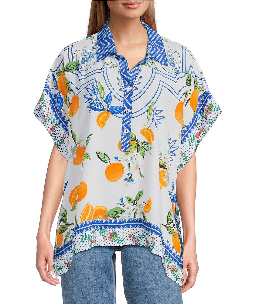 John Mark Tropical Point Collar Short Sleeve Wide Tunic