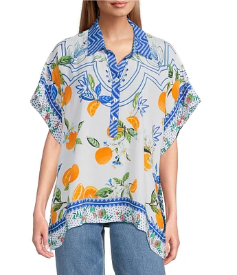 John Mark Tropical Point Collar Short Sleeve Wide Tunic