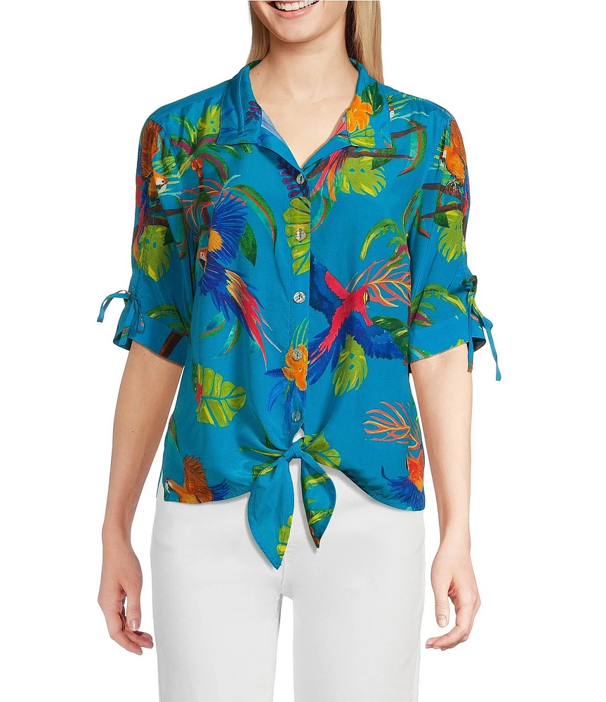John Mark Tropical Print Cinch Tie Sleeve Button Front Shirt