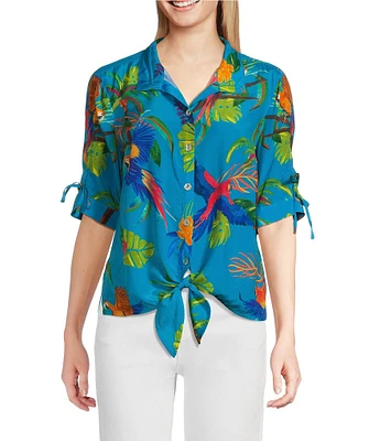 John Mark Tropical Print Cinch Tie Sleeve Button Front Shirt
